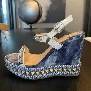 ON SALE! Christian Louboutin Pyraclou Wedge Sandals. Size 37. Color: Jean/Punk.